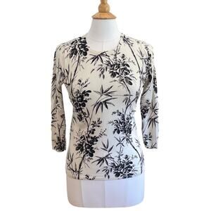 Ann Taylor Loft Cream, Black 100% Cotton 3/4 Sleeve Floral Sweater, Size XS